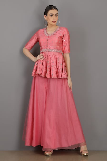 Asaga Pink Linen V Neck Embroidered Peplum Top And Sharara Set 