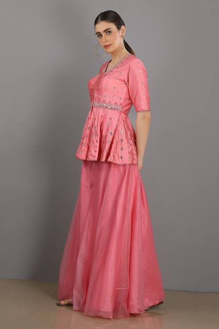Asaga_Pink Organza, Satin, Linen V Neck Embroidered Peplum Top And Sharara Set _Online_at_Aza_Fashions
