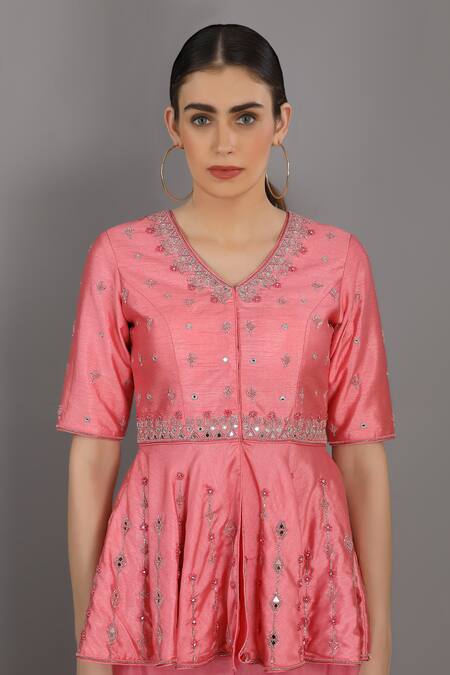 Buy_Asaga_Pink Organza, Satin, Linen V Neck Embroidered Peplum Top And Sharara Set _Online_at_Aza_Fashions