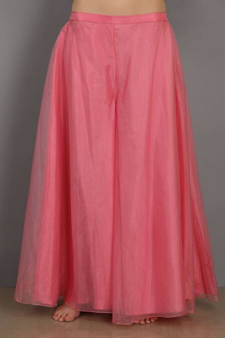 Shop_Asaga_Pink Organza, Satin, Linen V Neck Embroidered Peplum Top And Sharara Set _Online_at_Aza_Fashions