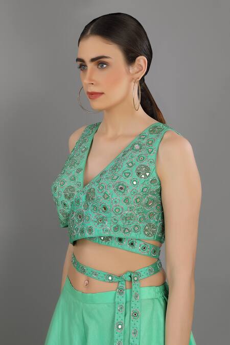 Shop_Asaga_Green Organza, Satin, Linen V Neck Embroidered Angrakha Top And Palazzo Set _Online_at_Aza_Fashions