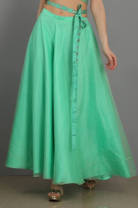Asaga_Green Organza, Satin, Linen V Neck Embroidered Angrakha Top And Palazzo Set _at_Aza_Fashions