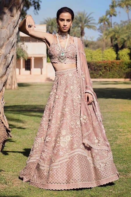 Sahil Kochhar Pink Silk Organza V Neck Aziza Bridal Lehenga Set  