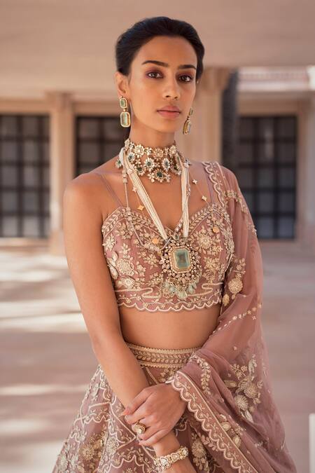 Sahil Kochhar Pink Net, Silk Organza V Neck Aziza Bridal Lehenga Set Online at Aza Fashions Sahil Kochhar_Pink Net, Silk Organza V Neck Aziza Bridal Lehenga Set _Online_at_Aza_Fashions