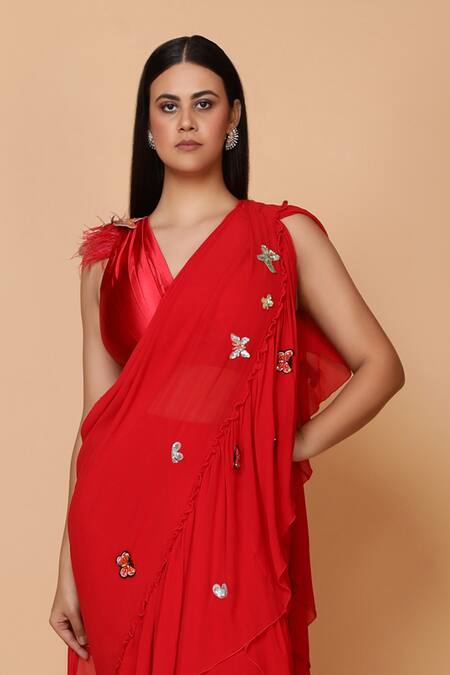 Buy Neeta Lulla Red Georgette V Neck Pre-draped Ruffle Saree With Blouse Online at Aza Fashions Buy_Neeta Lulla_Red Georgette V Neck Pre-draped Ruffle Saree With Blouse_Online_at_Aza_Fashions