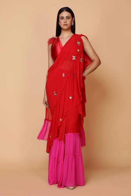 Neeta Lulla Red Georgette V Neck Pre-draped Ruffle Saree With Blouse Online at Aza Fashions Neeta Lulla_Red Georgette V Neck Pre-draped Ruffle Saree With Blouse_Online_at_Aza_Fashions
