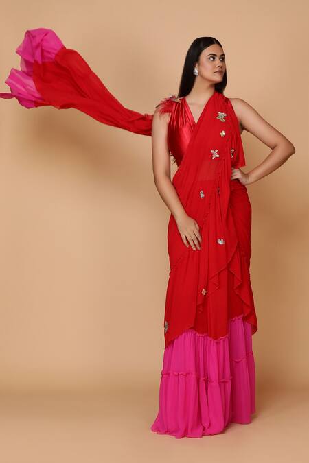 Shop Neeta Lulla Red Georgette V Neck Pre-draped Ruffle Saree With Blouse at Aza Fashions Shop_Neeta Lulla_Red Georgette V Neck Pre-draped Ruffle Saree With Blouse_at_Aza_Fashions