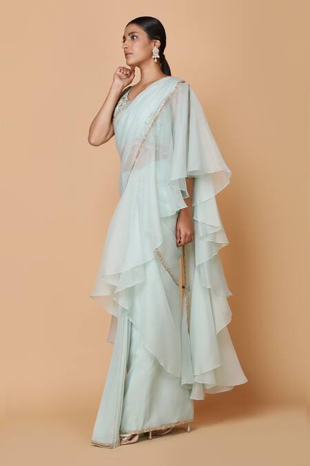 Neeta Lulla_Blue Organza Pre-draped Ruffle Saree_Online_at_Aza_Fashions
