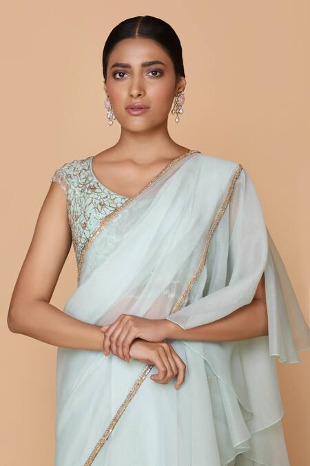 Buy_Neeta Lulla_Blue Organza Pre-draped Ruffle Saree_Online_at_Aza_Fashions