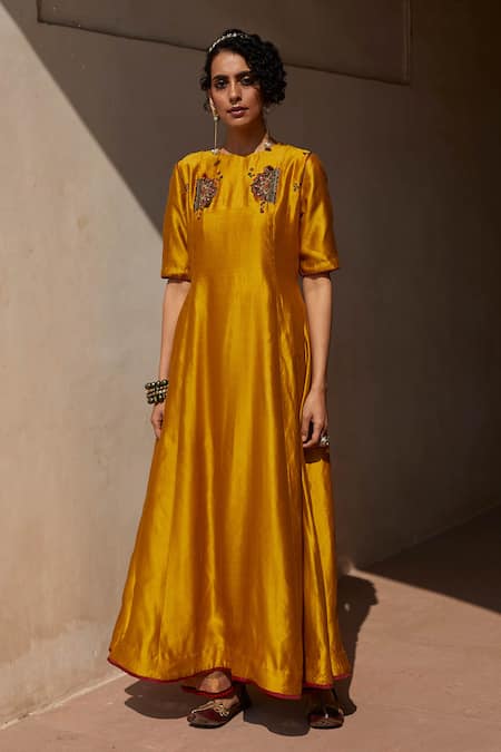 Medha Yellow Handwoven Chiniya Silk Embroidered Round Anarkali Set  