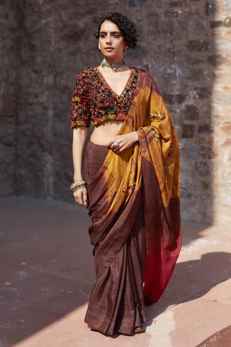Medha - Brown Matka Silk Embroidery V Neck Saree Blouse For Women
