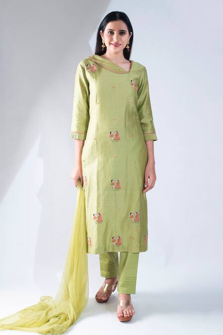 Asha Gautam Green Organza Embroidery V Neck Kurta Set 