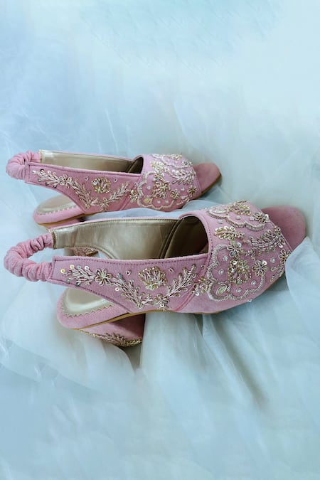 Shop Shiveen Shiveen Pink Embroidered Block Heels at Aza Fashions Shop_Shiveen Shiveen_Pink Embroidered Block Heels _at_Aza_Fashions