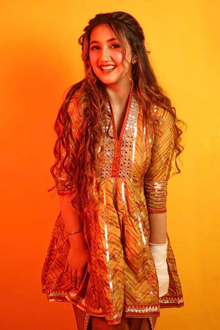 Gopi Vaid_Yellow Tussar V Neck Printed Anarkali And Dhoti Pant Set_Online_at_Aza_Fashions