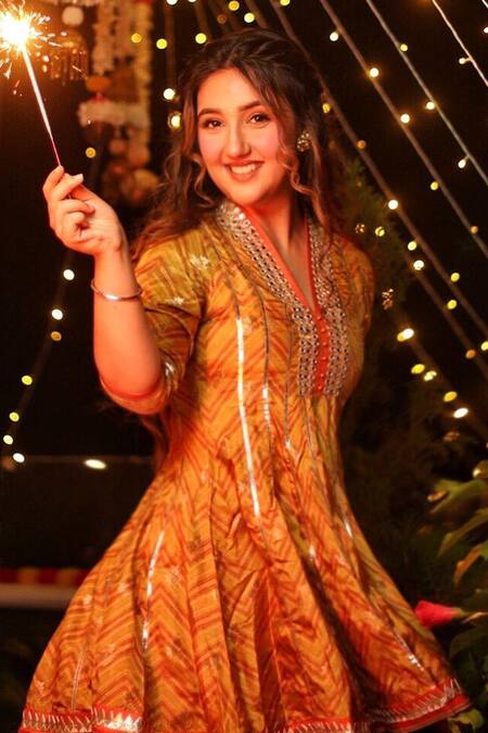 Buy_Gopi Vaid_Yellow Tussar V Neck Printed Anarkali And Dhoti Pant Set_Online_at_Aza_Fashions