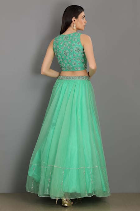 Shop Asaga Green Linen Satin Organza V Neck Embroidered Lehenga Set at Aza Fashions Shop_Asaga_Green Linen Satin Organza V Neck Embroidered Lehenga Set _at_Aza_Fashions