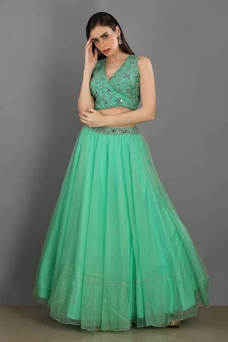 Buy Asaga Green Linen Satin Organza V Neck Embroidered Lehenga Set Online at Aza Fashions Buy_Asaga_Green Linen Satin Organza V Neck Embroidered Lehenga Set _Online_at_Aza_Fashions