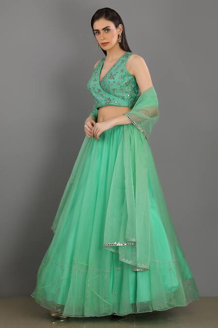 Shop Asaga Green Linen Satin Organza V Neck Embroidered Lehenga Set Online at Aza Fashions Shop_Asaga_Green Linen Satin Organza V Neck Embroidered Lehenga Set _Online_at_Aza_Fashions
