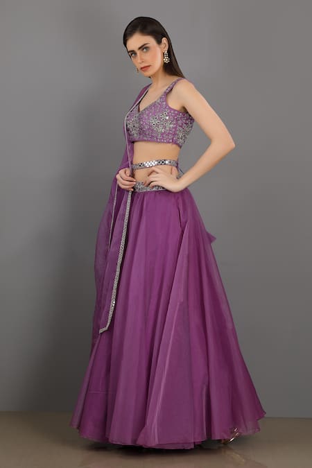 Asaga Purple Organza, Satin, Linen Sweetheart Neck Embroidered Lehenga Set Online at Aza Fashions Asaga_Purple Organza, Satin, Linen Sweetheart Neck Embroidered Lehenga Set _Online_at_Aza_Fashions