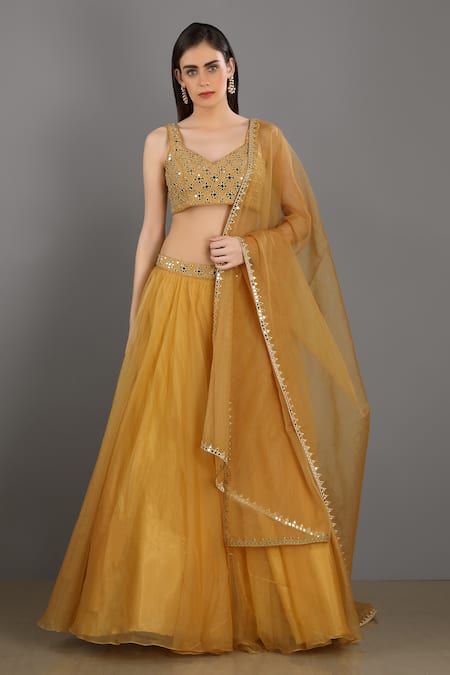 Asaga Yellow Organza, Satin, Linen Sweetheart Neck Embroidered Lehenga Set