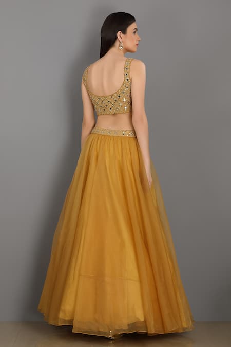 Shop Asaga Yellow Organza, Satin, Linen Sweetheart Neck Embroidered Lehenga Set at Aza Fashions Shop_Asaga_Yellow Organza, Satin, Linen Sweetheart Neck Embroidered Lehenga Set _at_Aza_Fashions