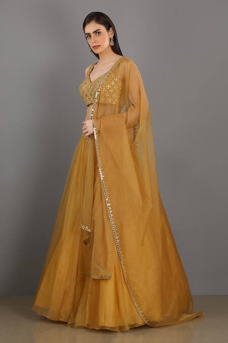 Asaga Yellow Organza, Satin, Linen Sweetheart Neck Embroidered Lehenga Set Online at Aza Fashions Asaga_Yellow Organza, Satin, Linen Sweetheart Neck Embroidered Lehenga Set _Online_at_Aza_Fashions