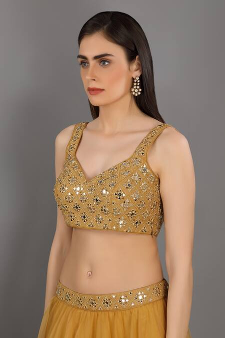 Shop Asaga Yellow Organza, Satin, Linen Sweetheart Neck Embroidered Lehenga Set Online at Aza Fashions Shop_Asaga_Yellow Organza, Satin, Linen Sweetheart Neck Embroidered Lehenga Set _Online_at_Aza_Fashions