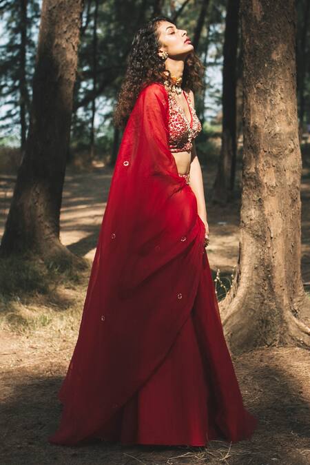 Shop_Asaga_Red Organza, Satin, Linen V Neck Embroidered Lehenga Set _at_Aza_Fashions