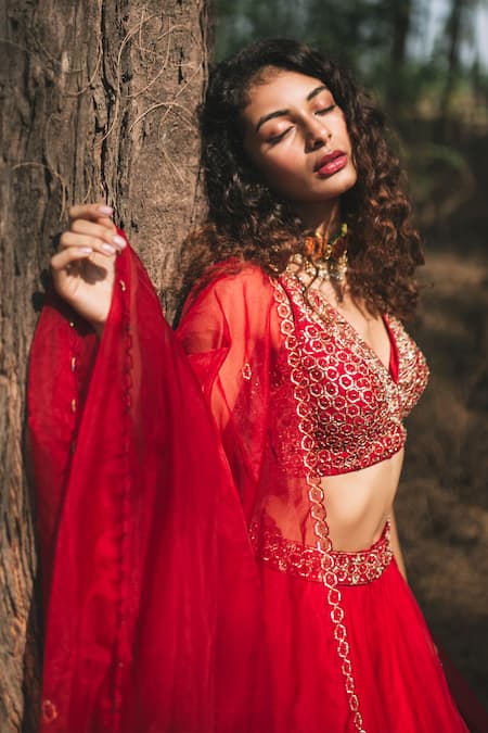 Asaga_Red Organza, Satin, Linen V Neck Embroidered Lehenga Set _Online_at_Aza_Fashions