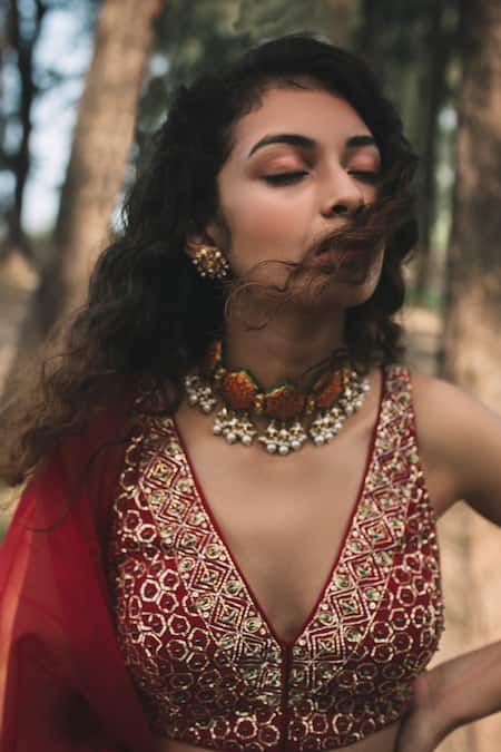 Shop_Asaga_Red Organza, Satin, Linen V Neck Embroidered Lehenga Set _Online_at_Aza_Fashions