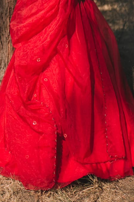 Asaga_Red Organza, Satin, Linen V Neck Embroidered Lehenga Set _at_Aza_Fashions