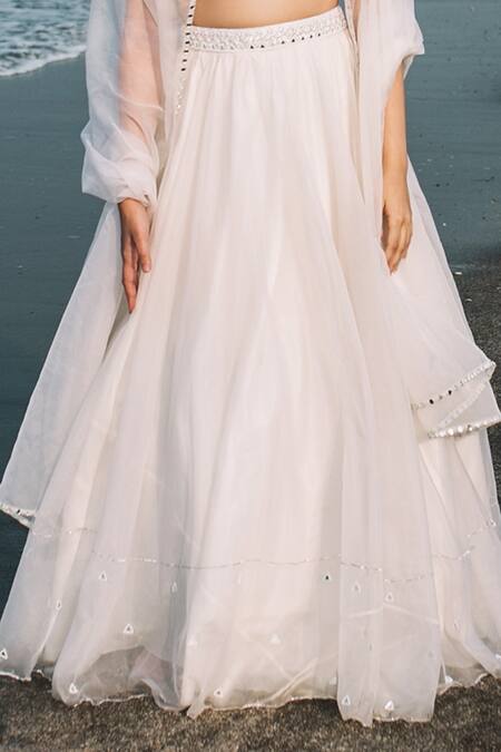 Asaga White Organza, Satin, Linen V Neck Embroidered Lehenga Set Online at Aza Fashions Asaga_White Organza, Satin, Linen V Neck Embroidered Lehenga Set _Online_at_Aza_Fashions