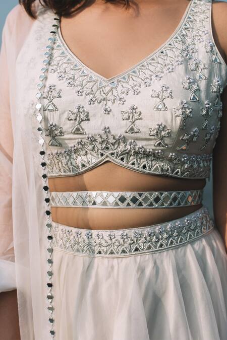 Buy Asaga White Organza, Satin, Linen V Neck Embroidered Lehenga Set Online at Aza Fashions Buy_Asaga_White Organza, Satin, Linen V Neck Embroidered Lehenga Set _Online_at_Aza_Fashions