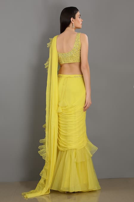 Shop Asaga Yellow Silk, Organza, Chiffon V Neck Ruffle Pre-draped Saree With Blouse at Aza Fashions Shop_Asaga_Yellow Silk, Organza, Chiffon V Neck Ruffle Pre-draped Saree With Blouse _at_Aza_Fashions