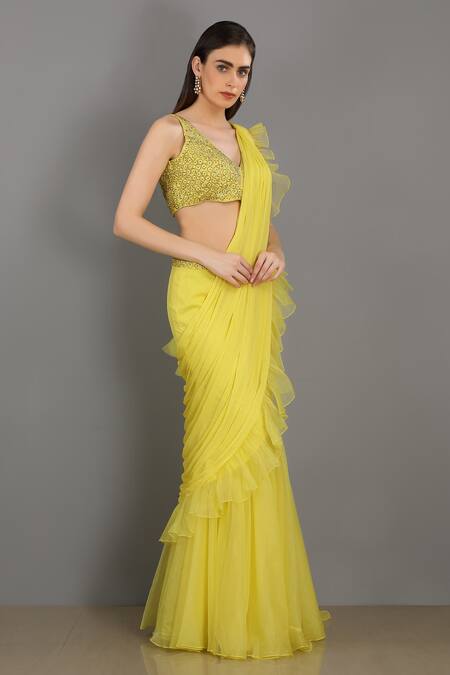 Asaga Yellow Silk, Organza, Chiffon V Neck Ruffle Pre-draped Saree With Blouse Online at Aza Fashions Asaga_Yellow Silk, Organza, Chiffon V Neck Ruffle Pre-draped Saree With Blouse _Online_at_Aza_Fashions