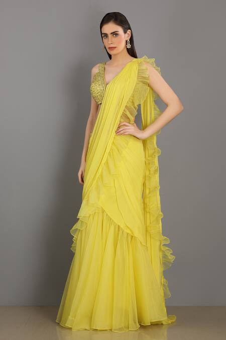 Buy Asaga Yellow Silk, Organza, Chiffon V Neck Ruffle Pre-draped Saree With Blouse Online at Aza Fashions Buy_Asaga_Yellow Silk, Organza, Chiffon V Neck Ruffle Pre-draped Saree With Blouse _Online_at_Aza_Fashions