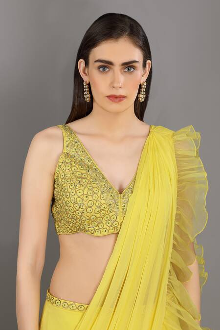Shop Asaga Yellow Silk, Organza, Chiffon V Neck Ruffle Pre-draped Saree With Blouse Online at Aza Fashions Shop_Asaga_Yellow Silk, Organza, Chiffon V Neck Ruffle Pre-draped Saree With Blouse _Online_at_Aza_Fashions