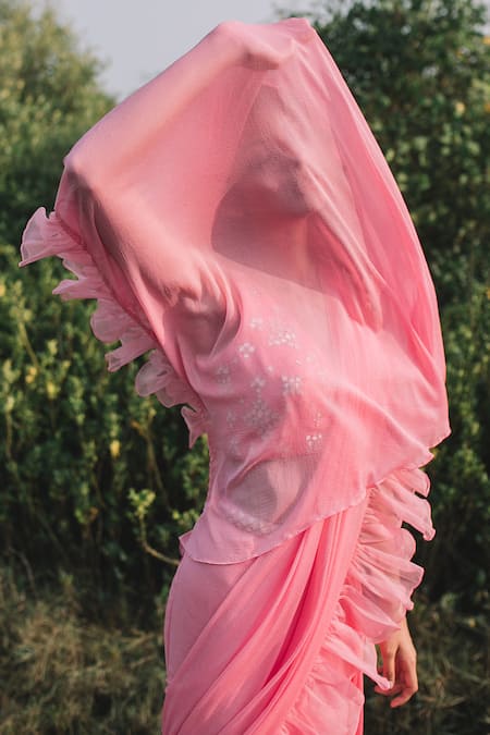 Shop Asaga Pink Silk, Organza, Chiffon V Neck Ruffle Pre-draped Saree With Blouse at Aza Fashions Shop_Asaga_Pink Silk, Organza, Chiffon V Neck Ruffle Pre-draped Saree With Blouse _at_Aza_Fashions