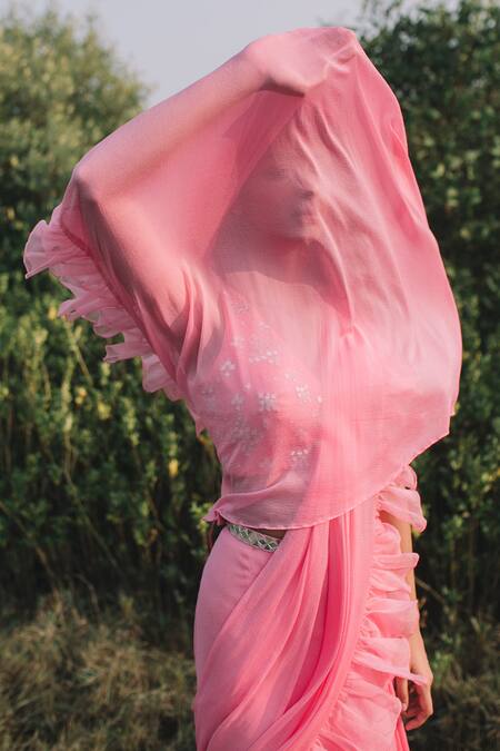 Asaga Pink Silk, Organza, Chiffon V Neck Ruffle Pre-draped Saree With Blouse Online at Aza Fashions Asaga_Pink Silk, Organza, Chiffon V Neck Ruffle Pre-draped Saree With Blouse _Online_at_Aza_Fashions