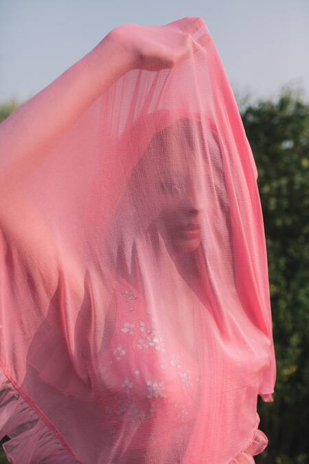 Buy Asaga Pink Silk, Organza, Chiffon V Neck Ruffle Pre-draped Saree With Blouse Online at Aza Fashions Buy_Asaga_Pink Silk, Organza, Chiffon V Neck Ruffle Pre-draped Saree With Blouse _Online_at_Aza_Fashions