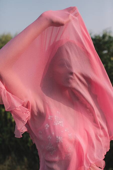 Shop Asaga Pink Silk, Organza, Chiffon V Neck Ruffle Pre-draped Saree With Blouse Online at Aza Fashions Shop_Asaga_Pink Silk, Organza, Chiffon V Neck Ruffle Pre-draped Saree With Blouse _Online_at_Aza_Fashions