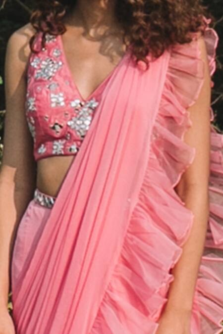 Asaga Pink Silk, Organza, Chiffon V Neck Ruffle Pre-draped Saree With Blouse at Aza Fashions Asaga_Pink Silk, Organza, Chiffon V Neck Ruffle Pre-draped Saree With Blouse _at_Aza_Fashions