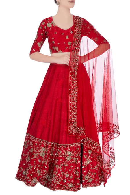 Astha Narang Red Embroidered Floral Scoop Neck Bridal Lehenga Set  