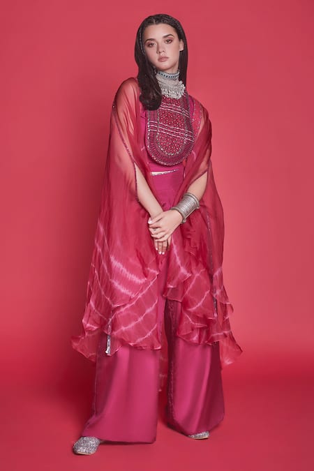 JADE BY MONICA & KARISHMA_Pink Organza Round Cape And Pant Set  _Online_at_Aza_Fashions