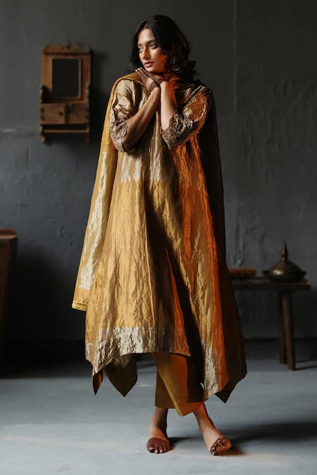 Shorshe Clothing_Gold Kurta Handloom Tissue, Lining Shantoon, Pant Cotton Asymmetric And Set _Online_at_Aza_Fashions