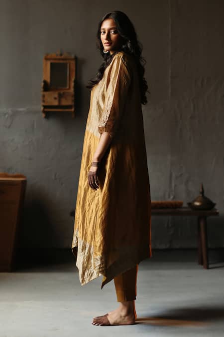 Buy_Shorshe Clothing_Gold Kurta Handloom Tissue, Lining Shantoon, Pant Cotton Asymmetric And Set _Online_at_Aza_Fashions
