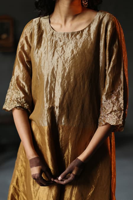 Shop_Shorshe Clothing_Gold Kurta Handloom Tissue, Lining Shantoon, Pant Cotton Asymmetric And Set _Online_at_Aza_Fashions