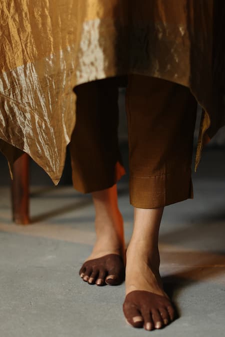 Shorshe Clothing_Gold Kurta Handloom Tissue, Lining Shantoon, Pant Cotton Asymmetric And Set _at_Aza_Fashions