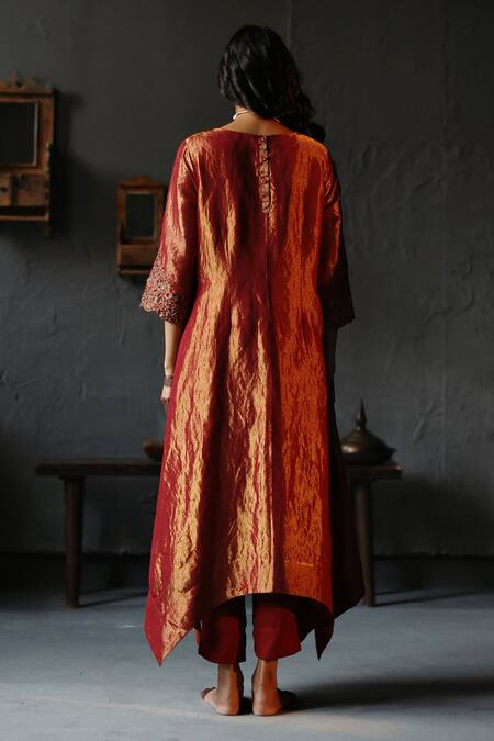 Shop_Shorshe Clothing_Red Kurta Handloom Tissue, Lining Shantoon, Pant Cotton Asymmetric And Set _Online_at_Aza_Fashions