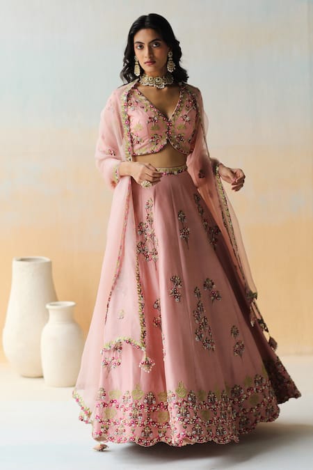 Aman Takyar Pink Organza, Dupion Silk Cutdana, Floral, Sequin V Neck Embroidered Lehenga Set 